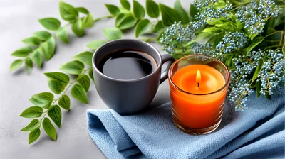 Coffee Cup And Orange Candle On Blue Fabric