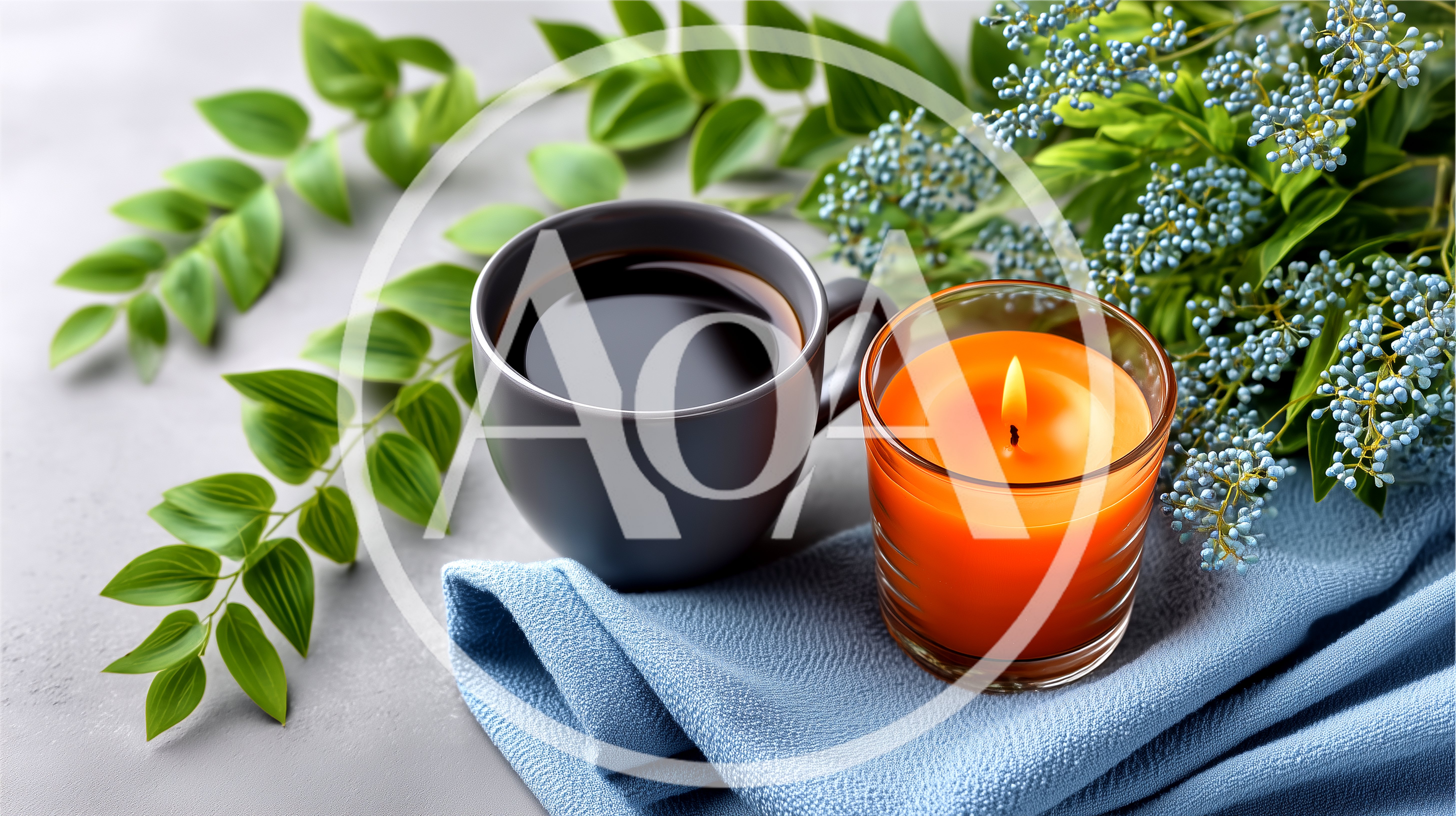 Coffee Cup And Orange Candle On Blue Fabric