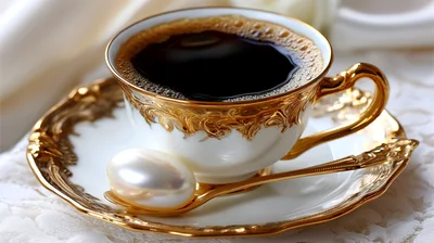 Elegant Porcelain Coffee Cup With A Pearl Spoon