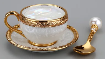 Elegant Pearl Inlaid Teacup and Saucer Set