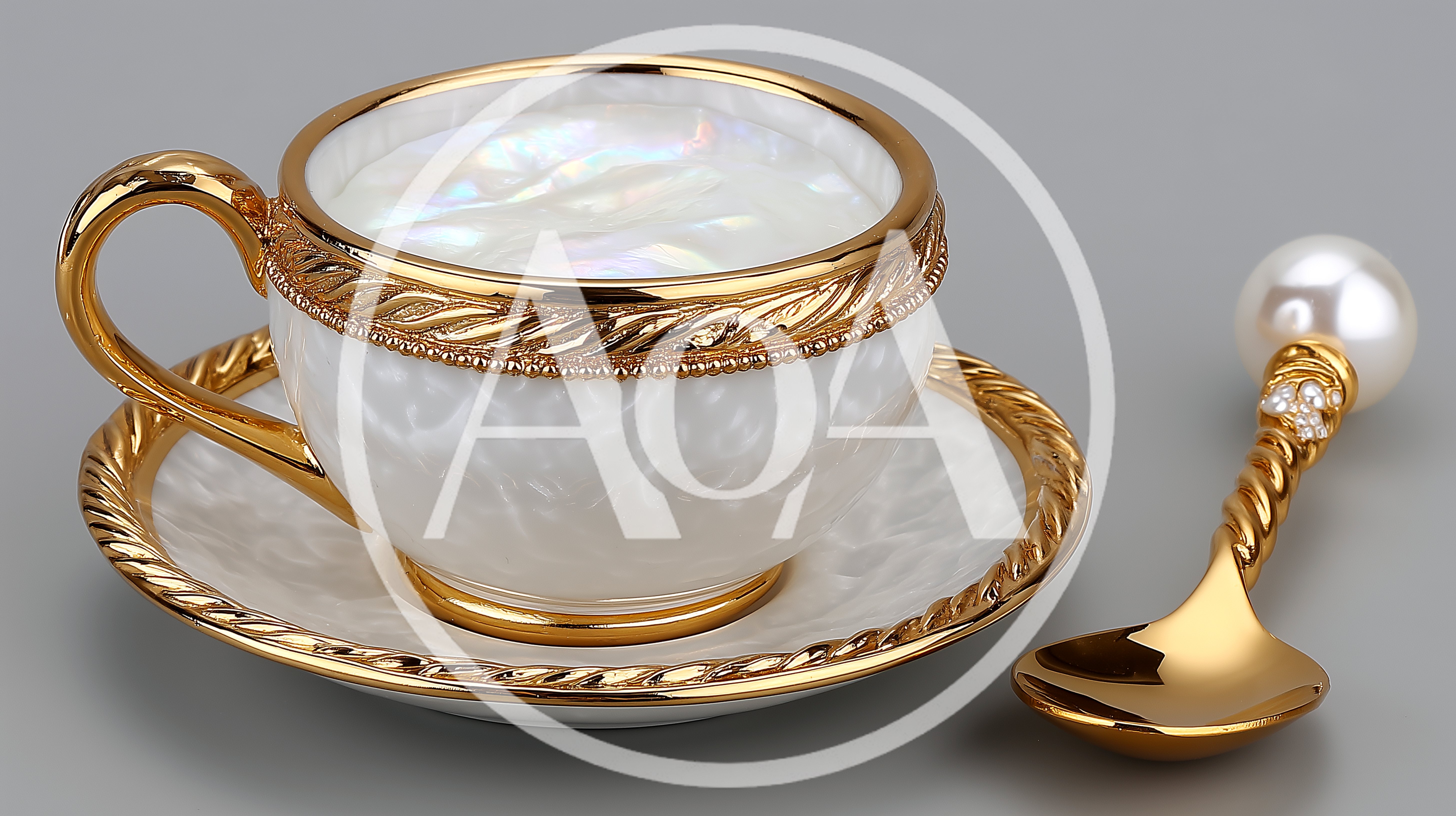 Elegant Pearl Inlaid Teacup and Saucer Set