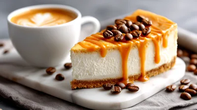 Slice Of Caramel Cheesecake With Coffee Beans