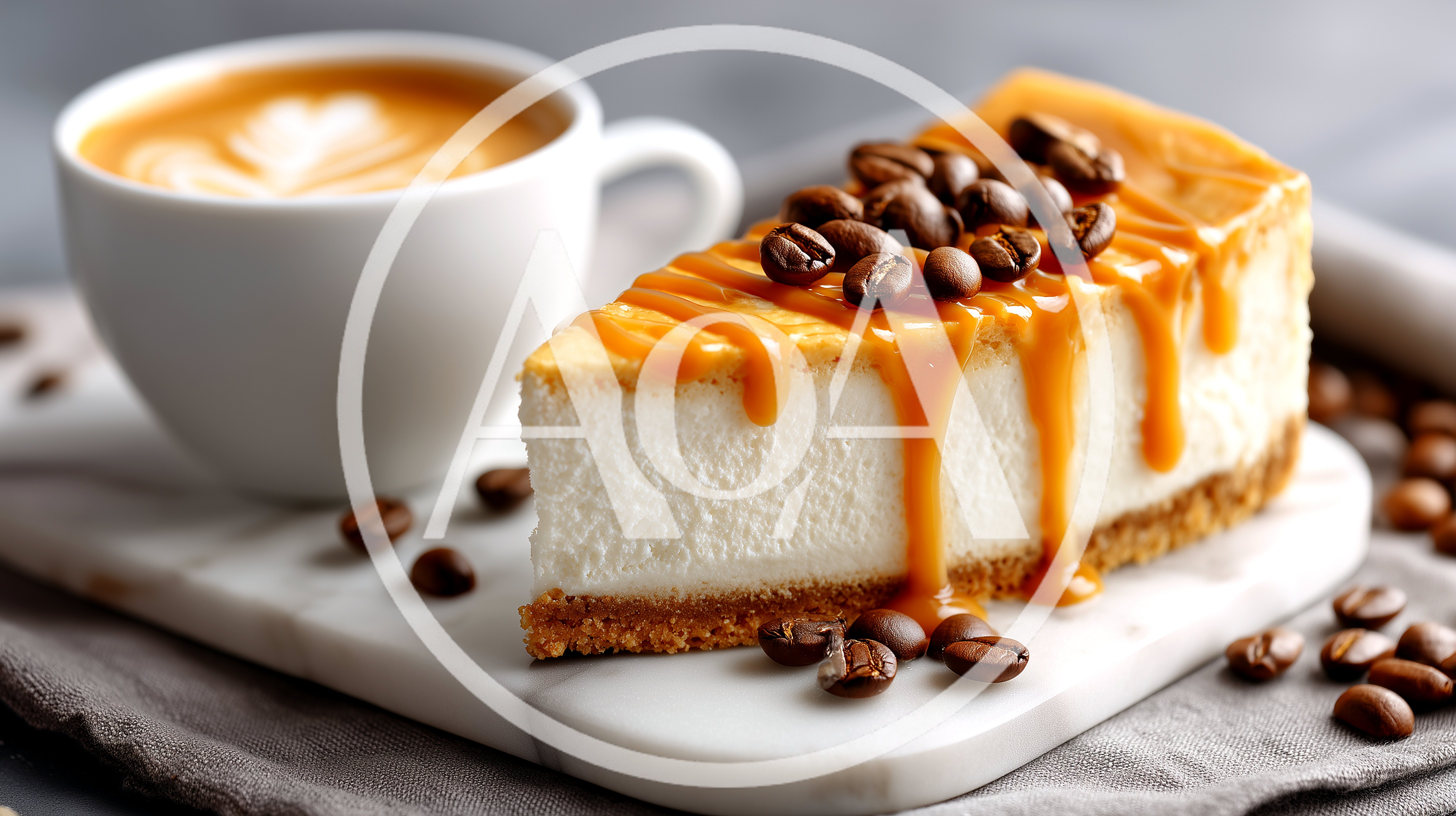 Slice Of Caramel Cheesecake With Coffee Beans