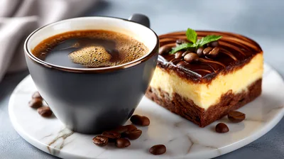 Cup Of Black Coffee And Cheesecake Slice