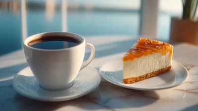 Coffee Cup And Cheesecake Slice On Marble Table