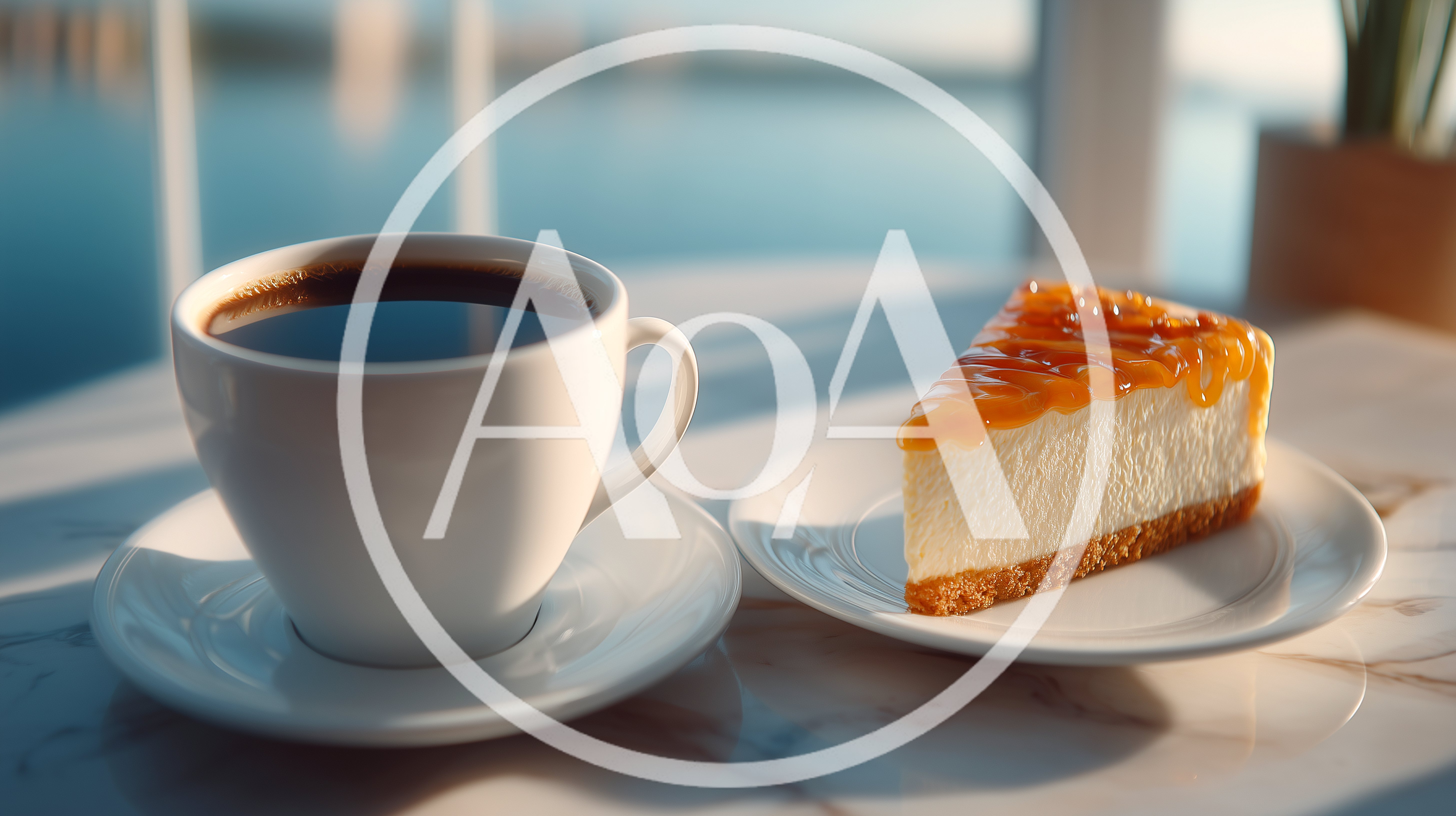 Coffee Cup And Cheesecake Slice On Marble Table