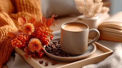Cozy Autumn Morning Coffee With Flowers And Book