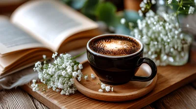 Cup Of Coffee With Flowers And Open Book