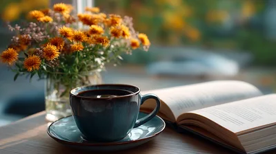 Coffee Cup And Open Book With Flowers