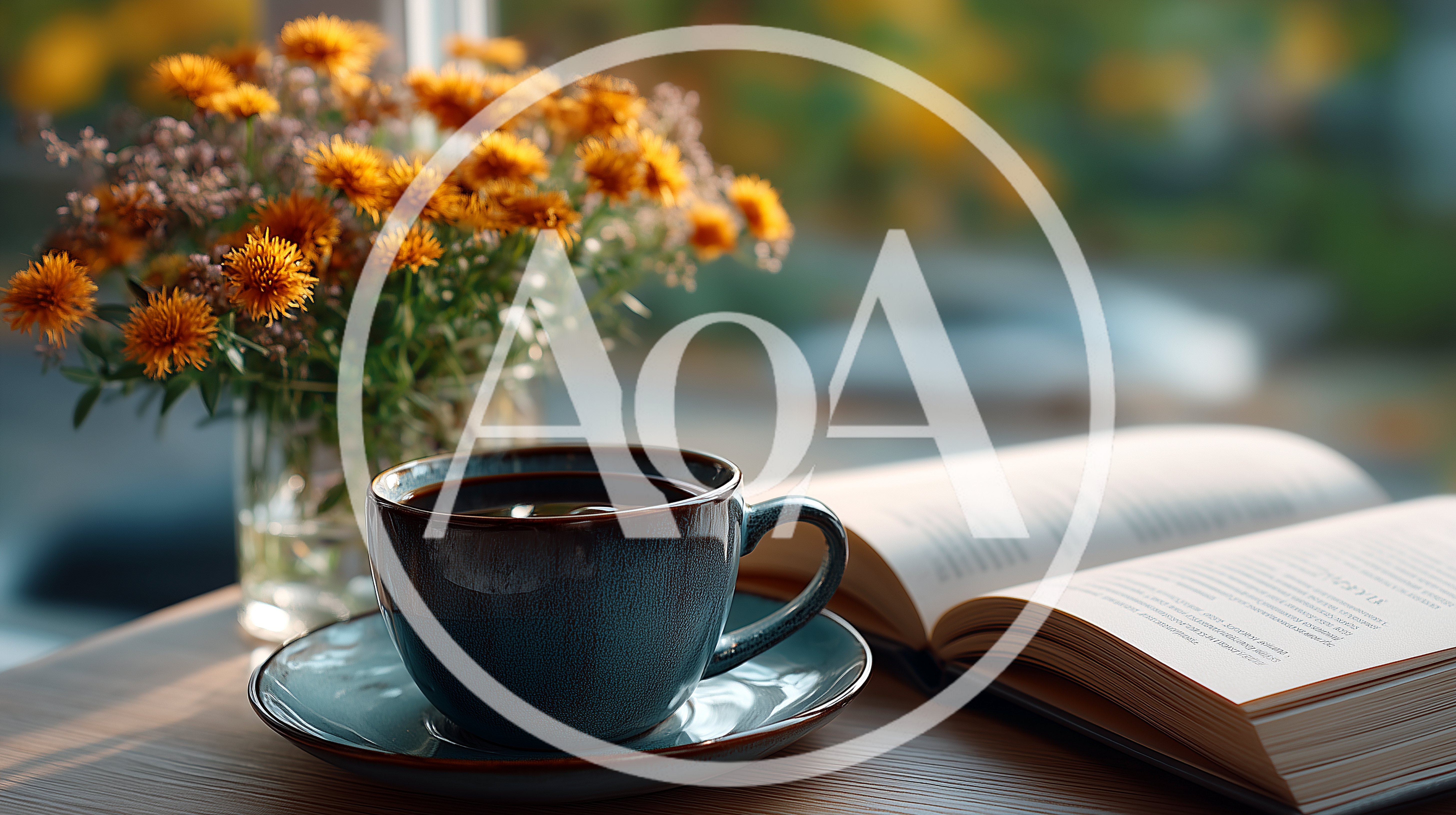 Coffee Cup And Open Book With Flowers