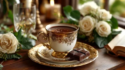 Elegant Teacup With Chocolate And White Roses