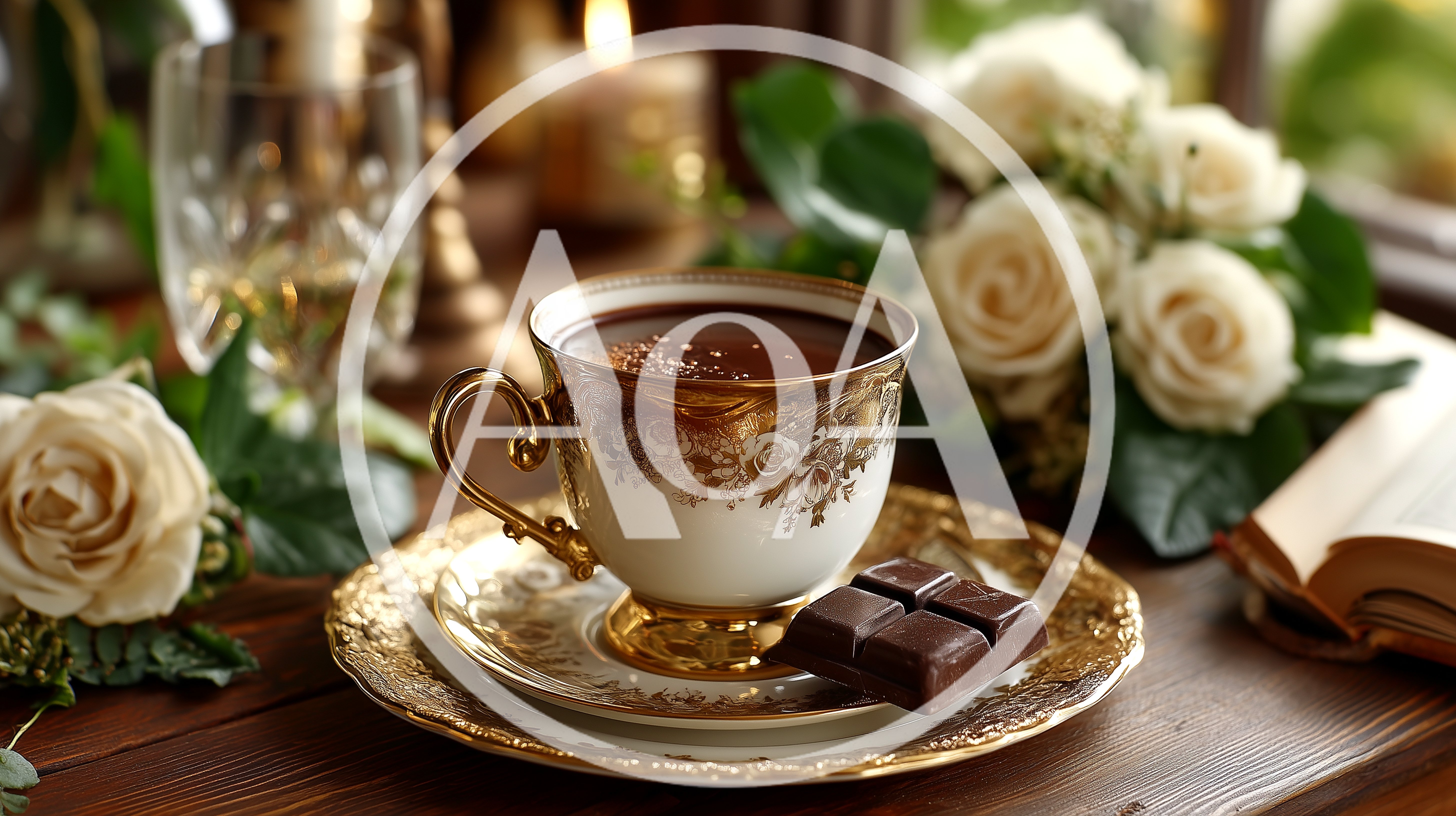 Elegant Teacup With Chocolate And White Roses