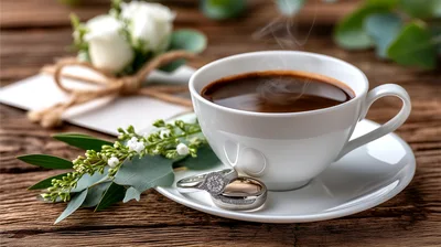 Wedding Rings Beside A Steaming Cup Of Coffee