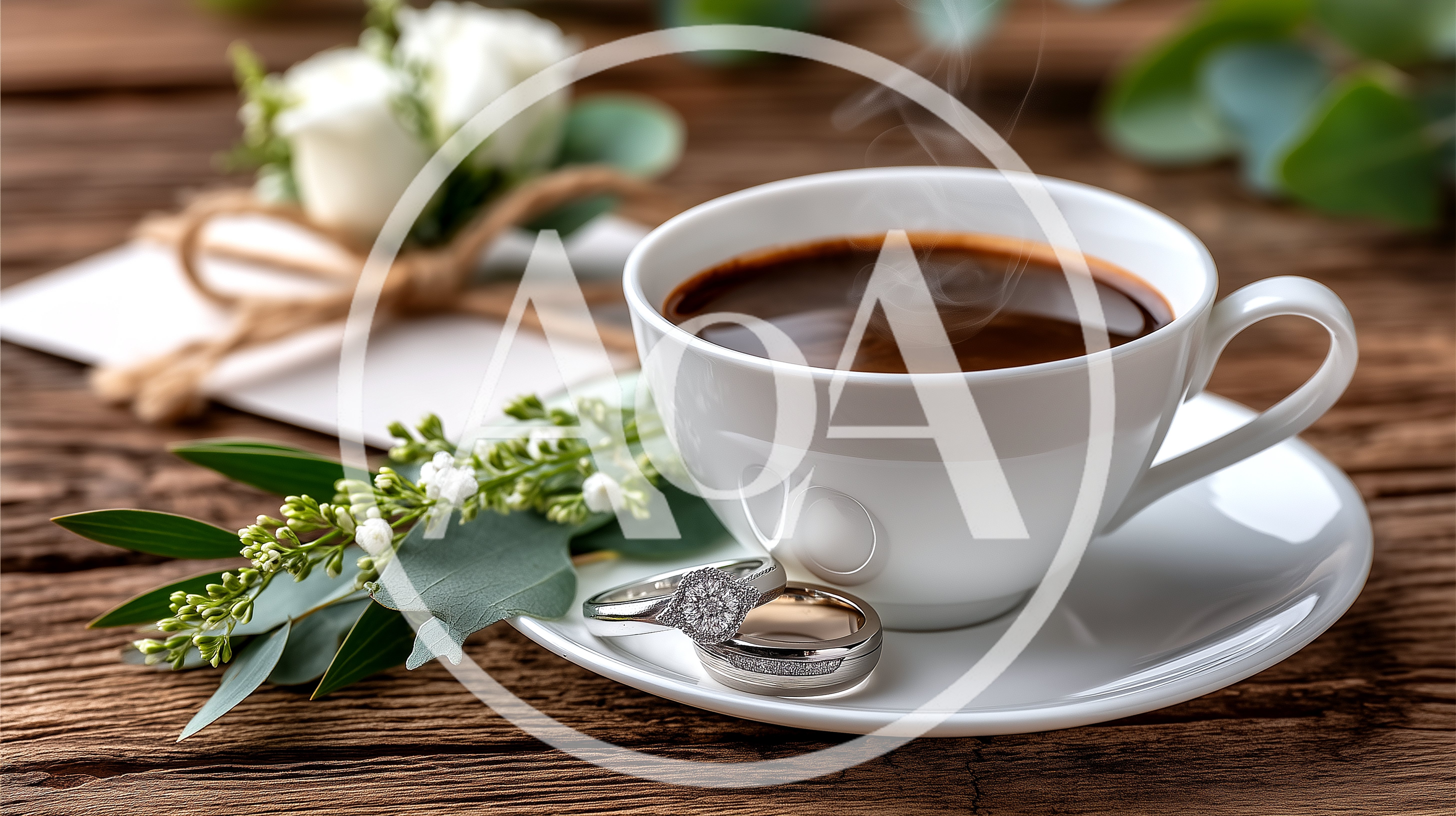Wedding Rings Beside A Steaming Cup Of Coffee