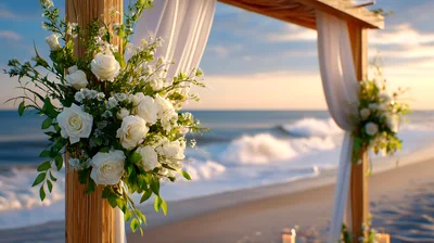 Wedding Arch Decorated With White Flowers On Beach