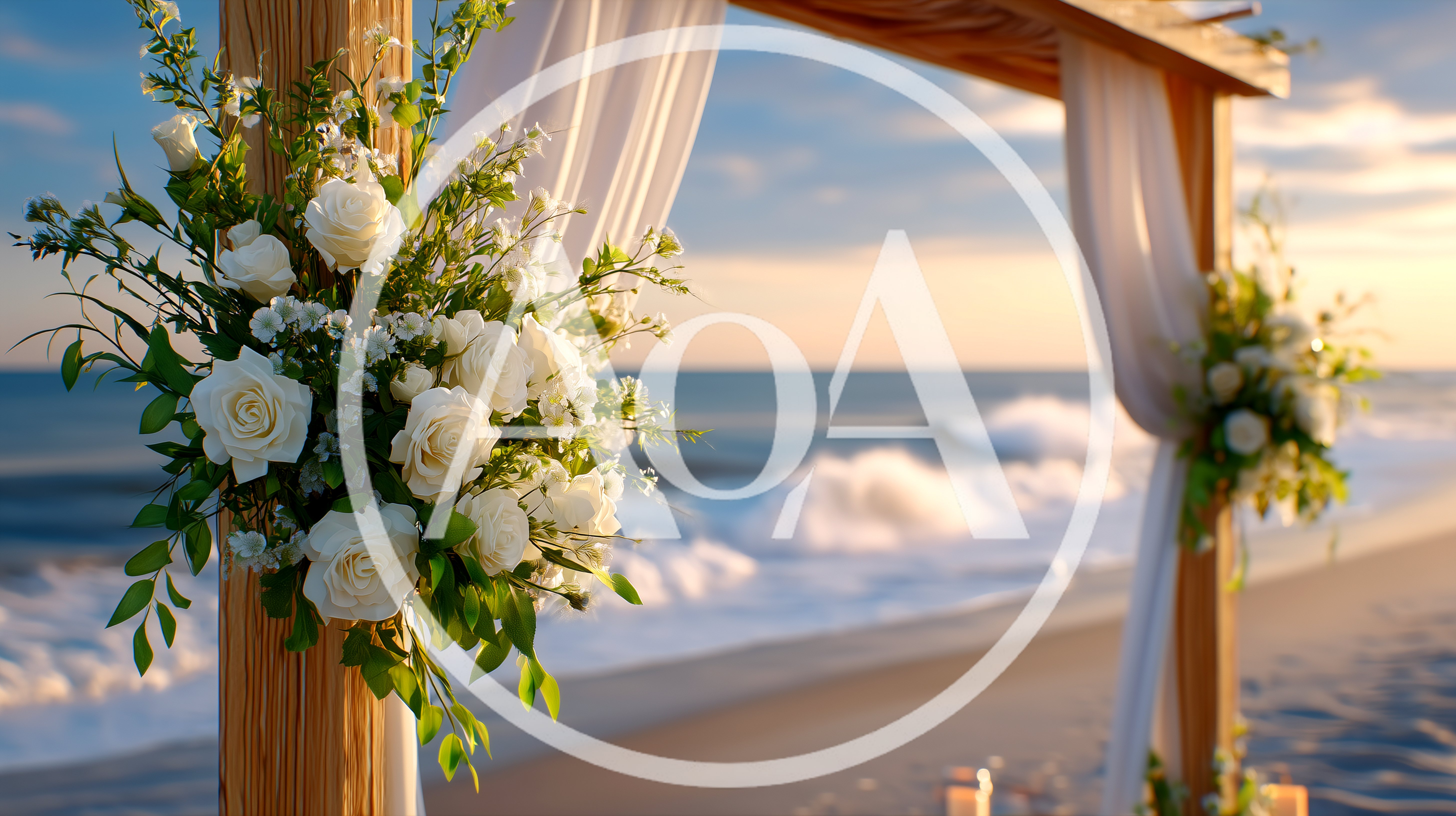 Wedding Arch Decorated With White Flowers On Beach
