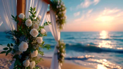 Wedding Arch Decorated With White Roses On Beach