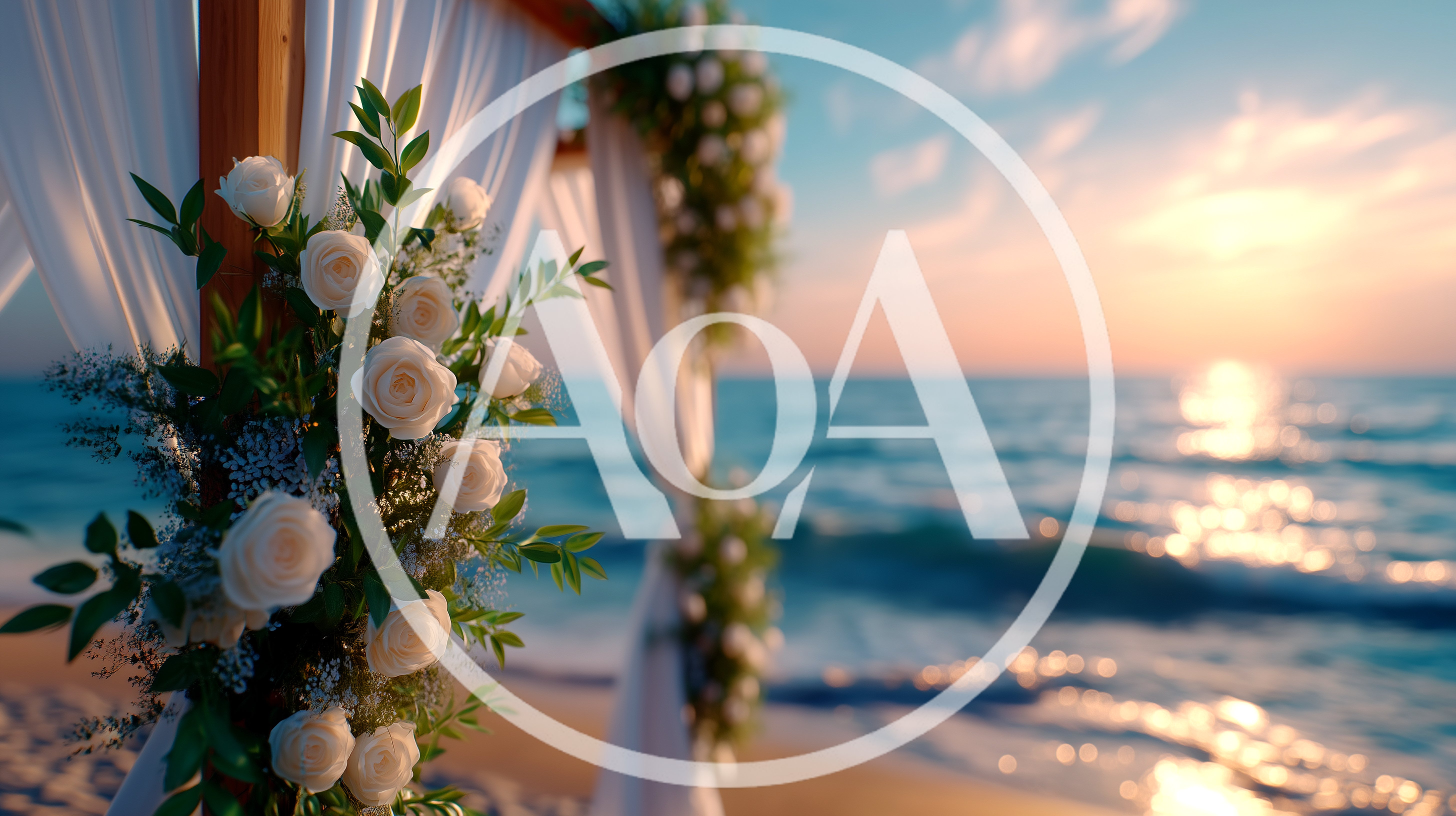 Wedding Arch Decorated With White Roses On Beach