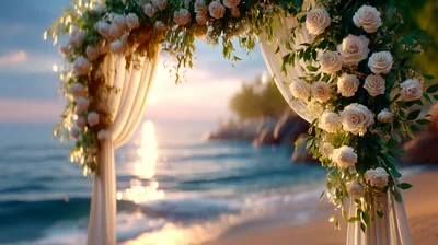Floral Wedding Arch On A Tropical Beach At Sunset