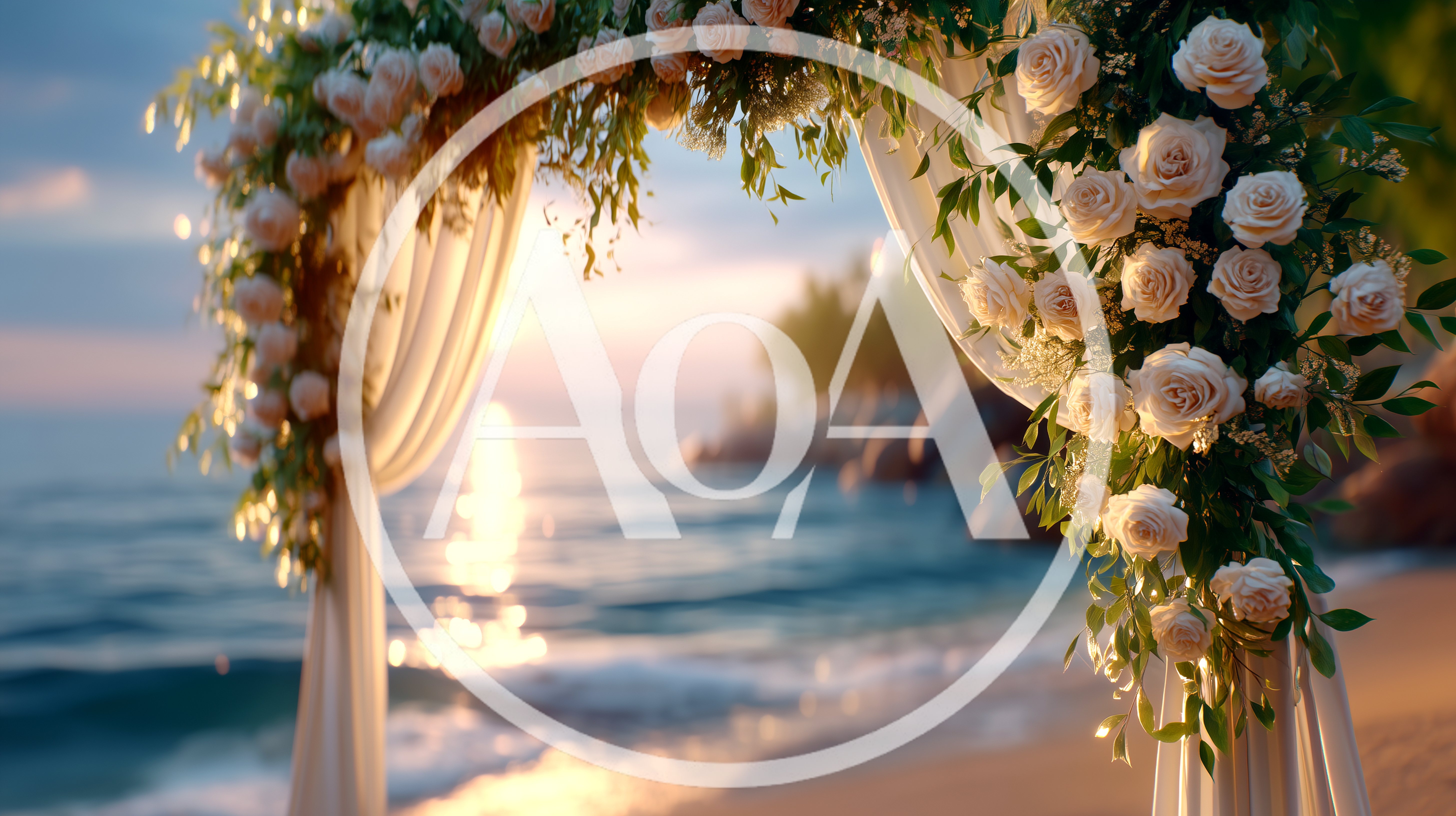 Floral Wedding Arch On A Tropical Beach At Sunset