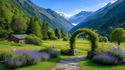 Scenic Alpine Valley With Stone Cottage And Garden Arch