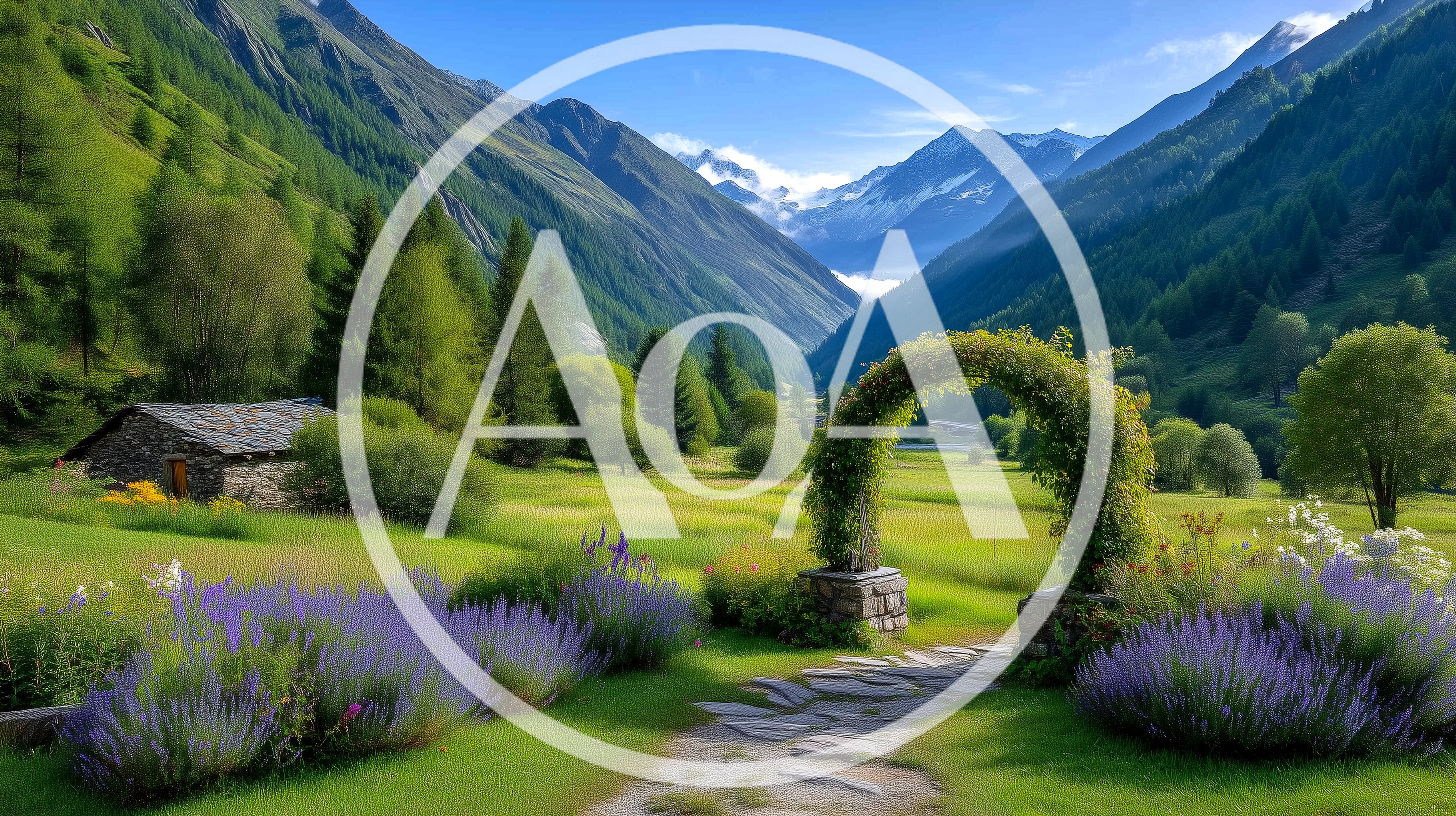 Scenic Alpine Valley With Stone Cottage And Garden Arch