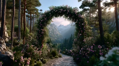 Floral Archway Leading To A Mountain Valley