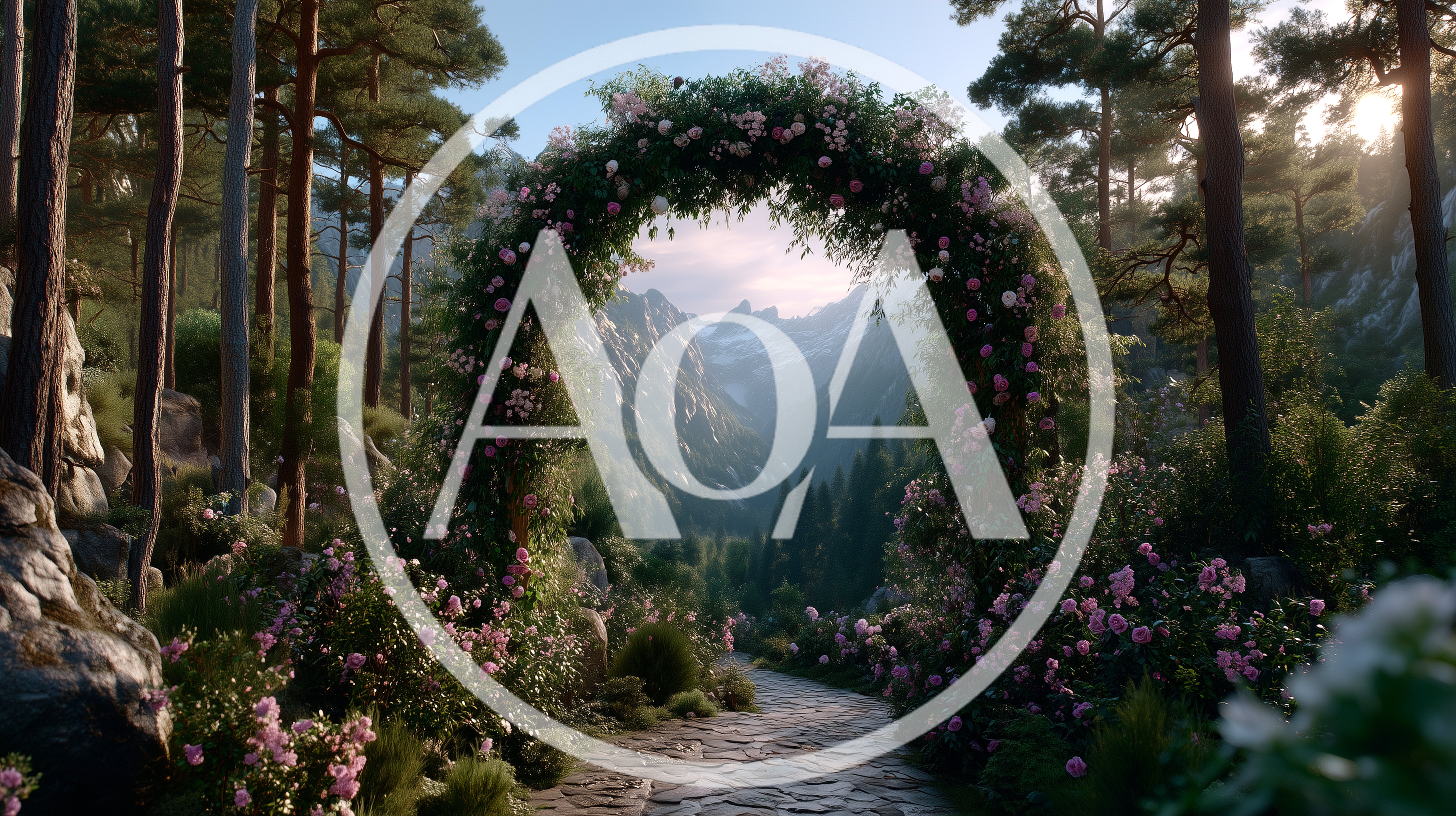 Floral Archway Leading To A Mountain Valley