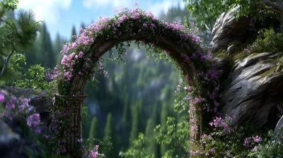 Ancient Stone Archway Covered In Pink Flowers