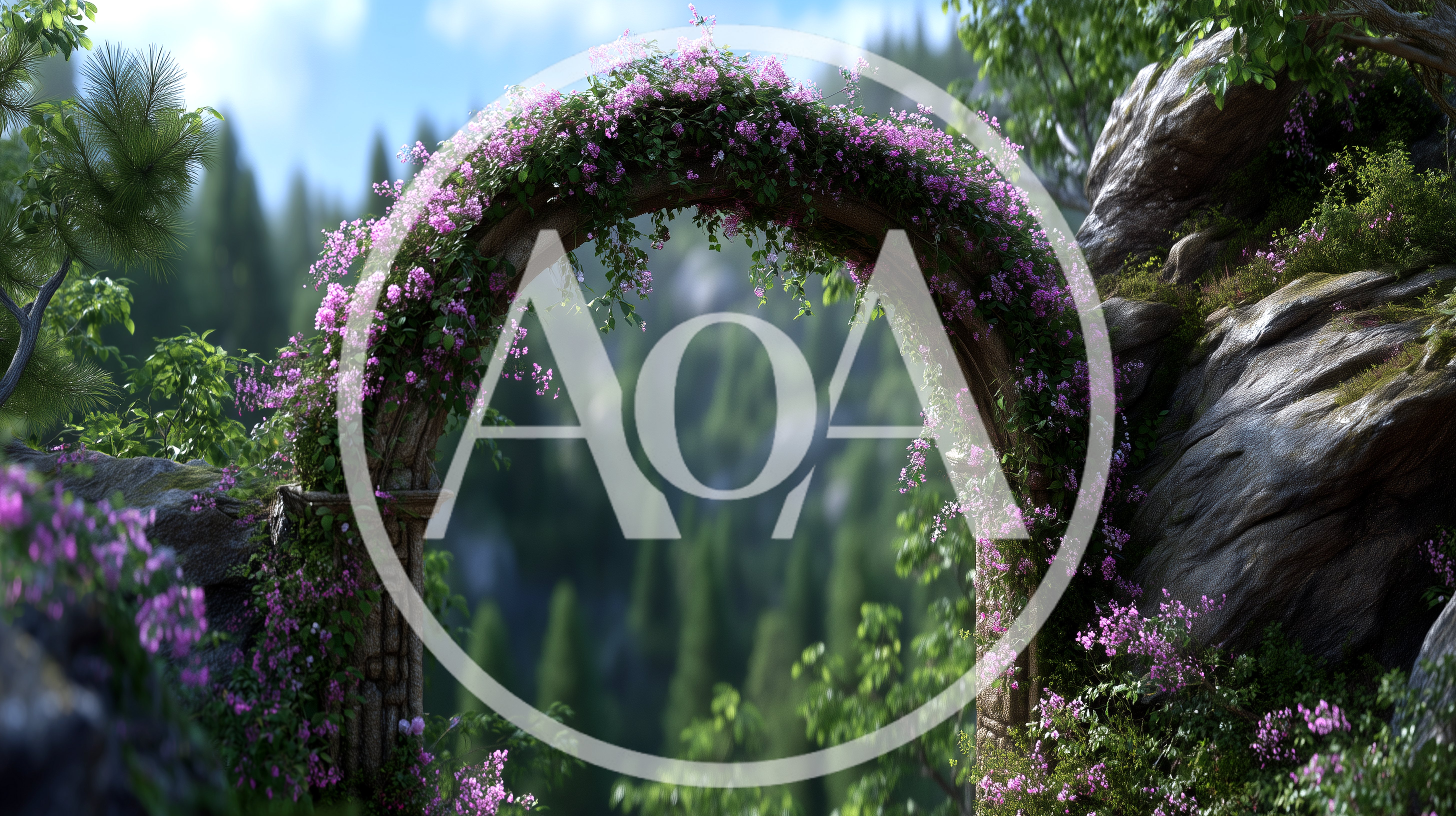 Ancient Stone Archway Covered In Pink Flowers