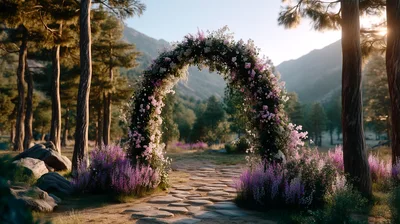 Floral Wedding Arch In A Scenic Mountain Forest