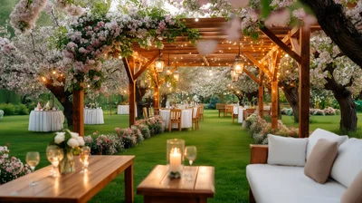 Outdoor Garden Wedding Reception With Floral Pergola