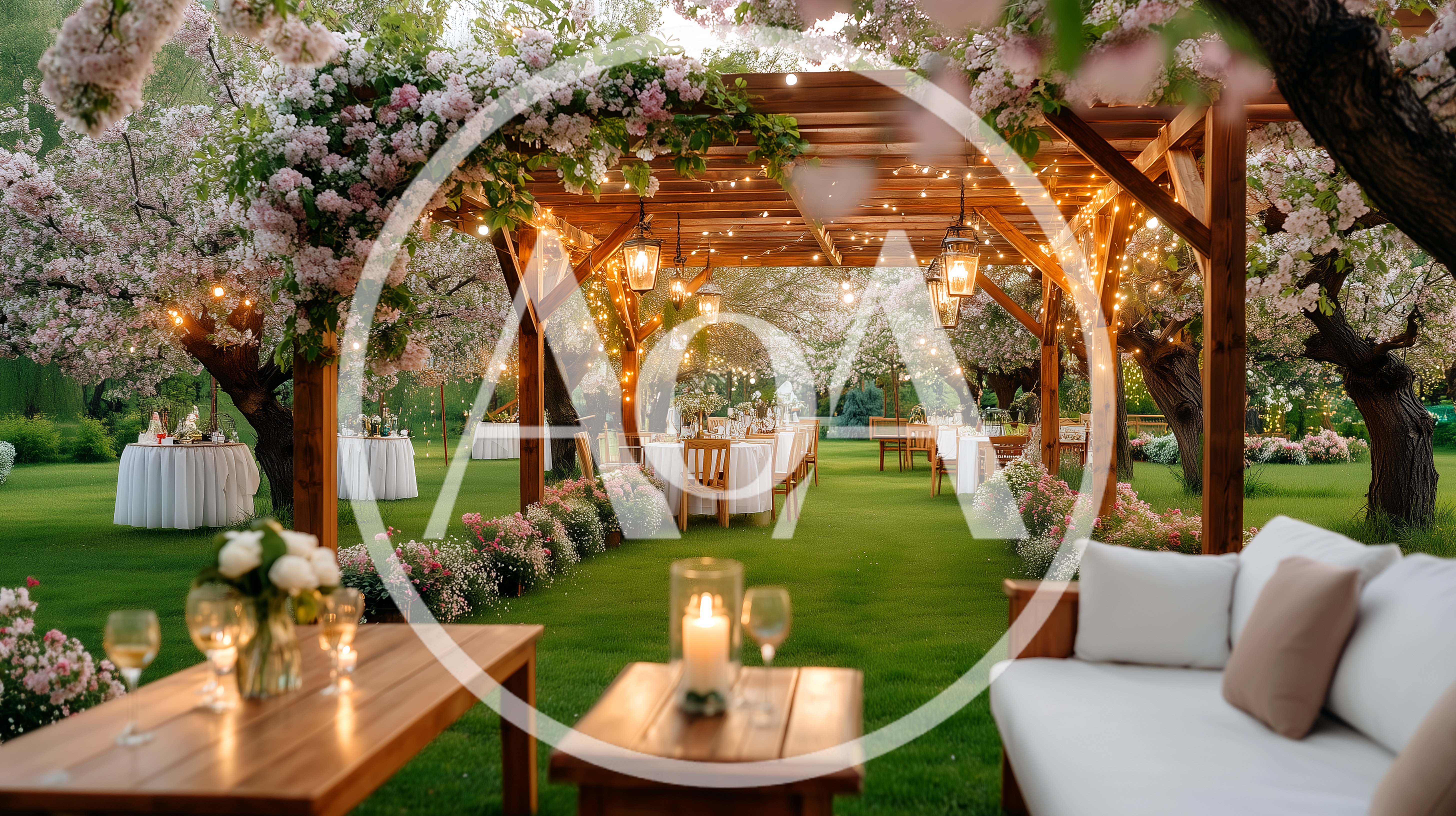 Outdoor Garden Wedding Reception With Floral Pergola