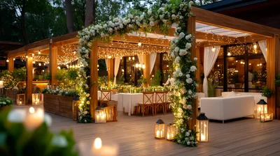 Elegant Outdoor Wedding Reception Venue With Floral Archway