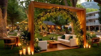 Outdoor Wedding Lounge Area With Floral Archway