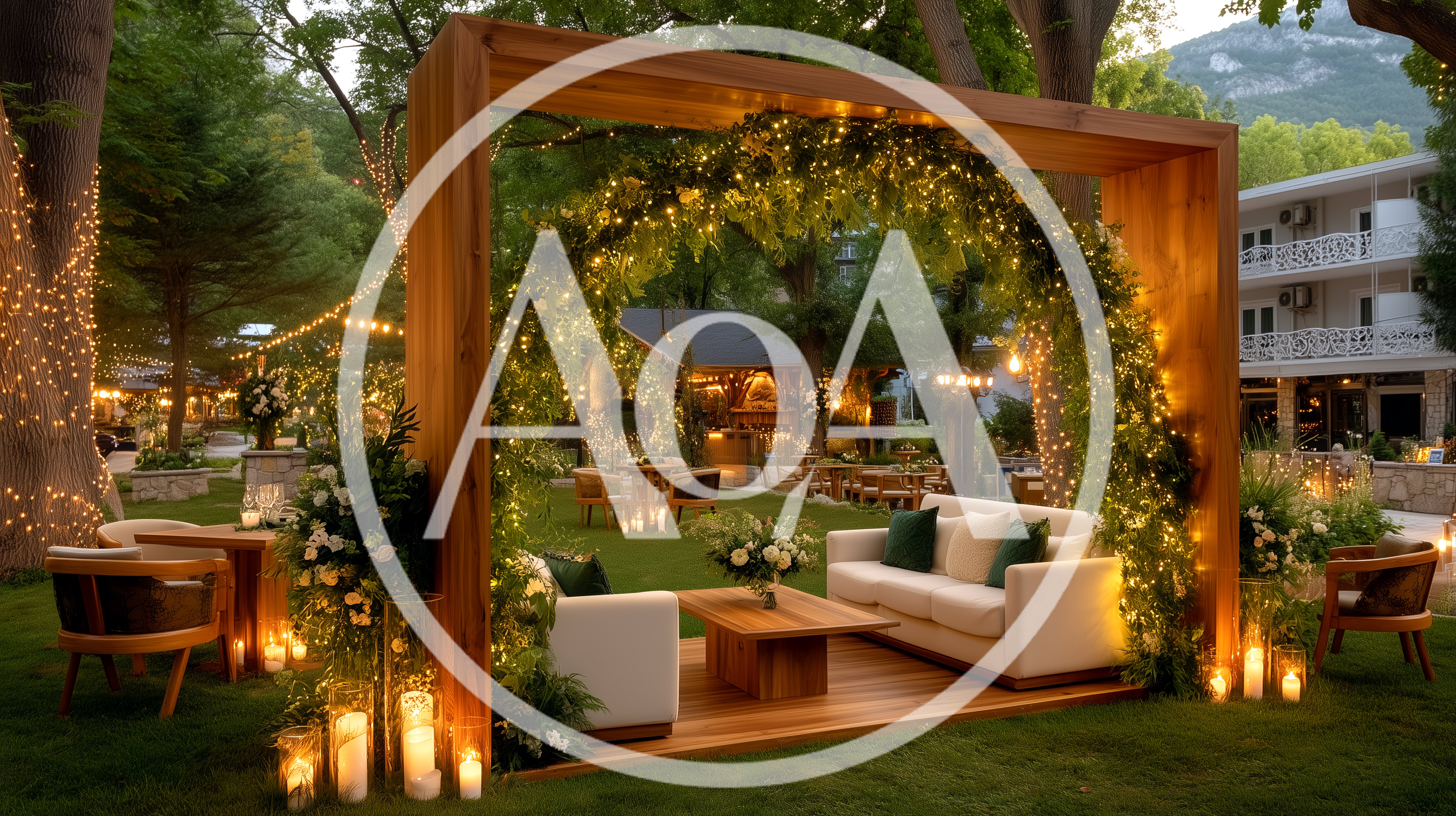 Outdoor Wedding Lounge Area With Floral Archway