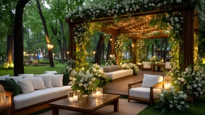 Elegant Outdoor Lounge Area With Floral Pergola