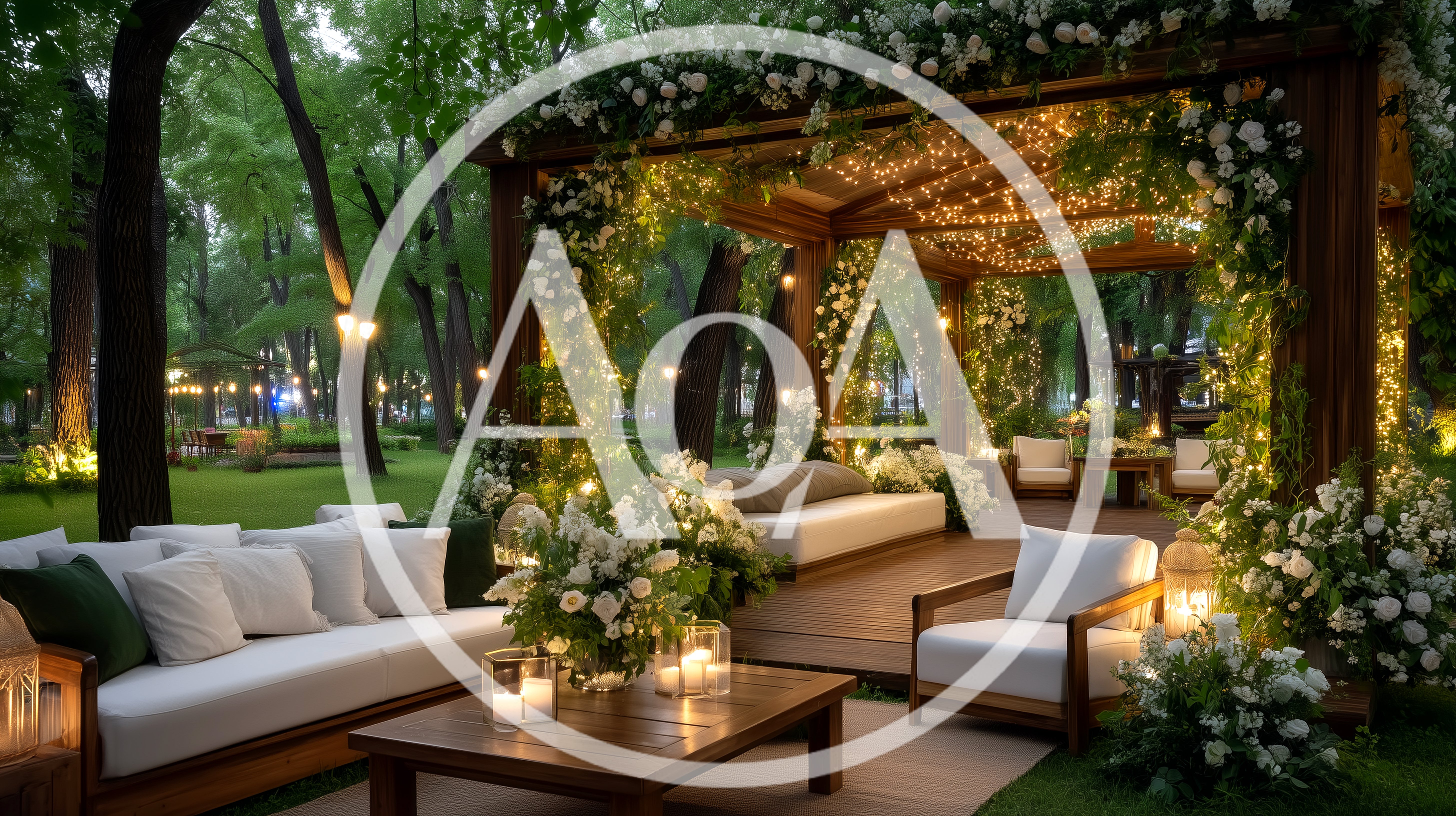 Elegant Outdoor Lounge Area With Floral Pergola