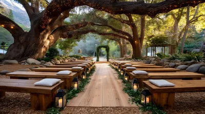Outdoor Wedding Ceremony Setup Under Ancient Oak Trees