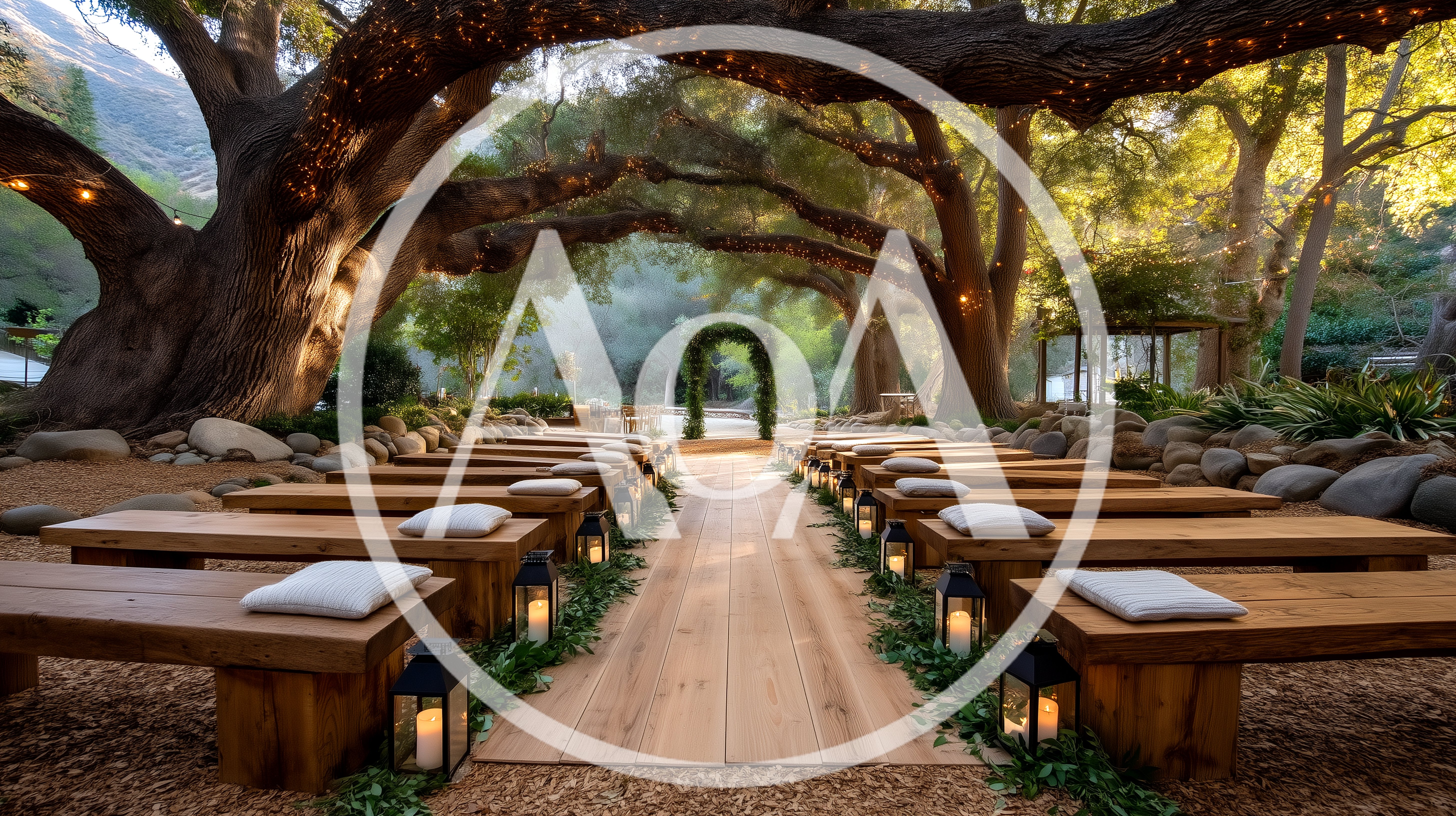 Outdoor Wedding Ceremony Setup Under Ancient Oak Trees