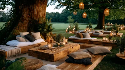 Outdoor Lounge Setup Under Large Trees At Dusk