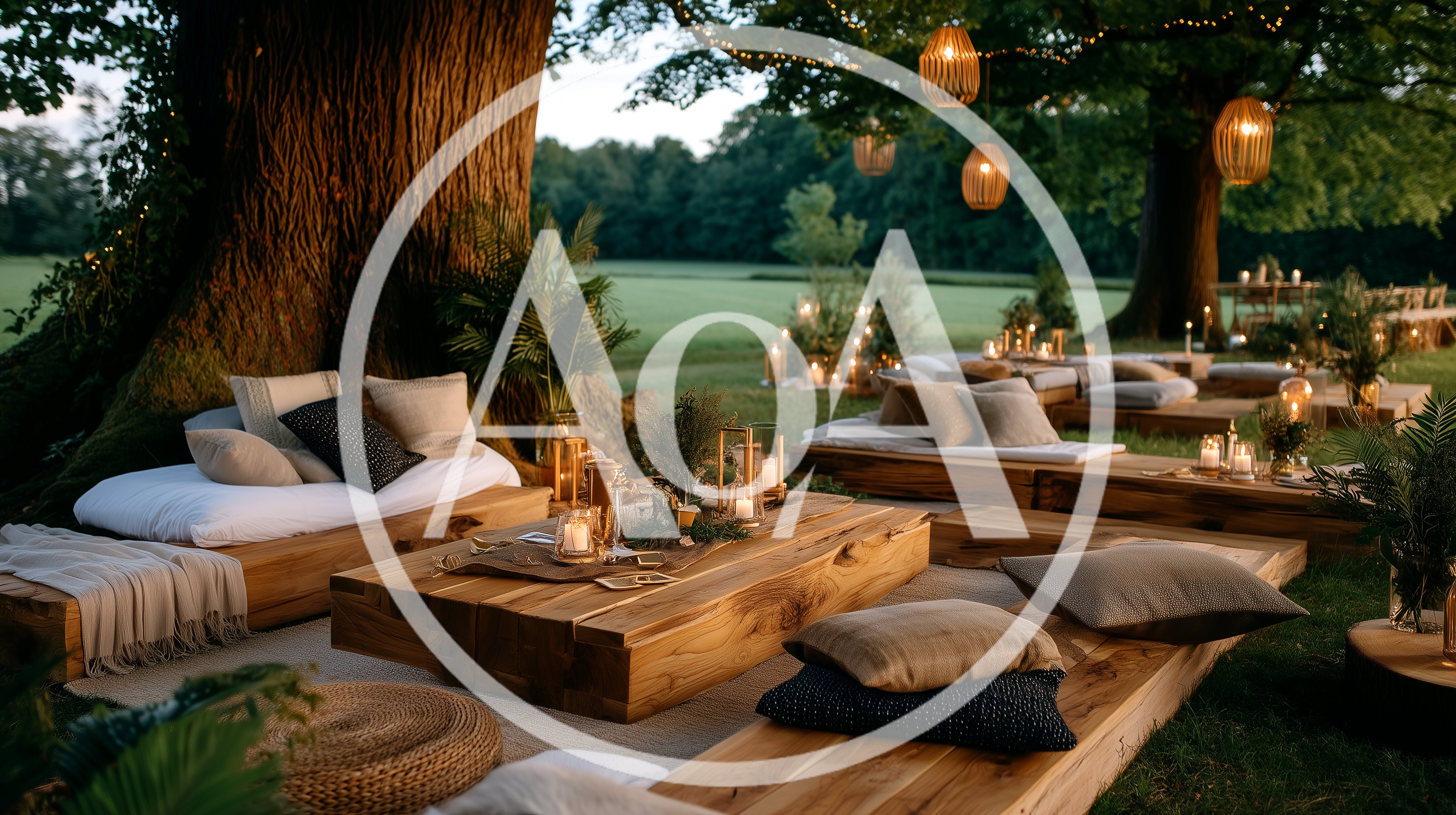 Outdoor Lounge Setup Under Large Trees At Dusk