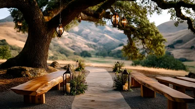 Outdoor Wedding Ceremony Setup Under Large Oak Tree
