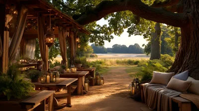 Outdoor Dining Area Under Large Oak Tree