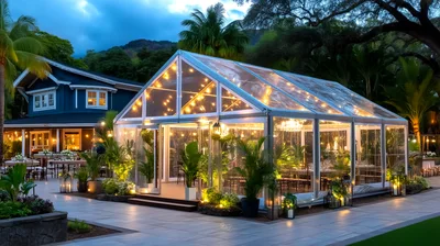Outdoor Wedding Reception Tent At Twilight