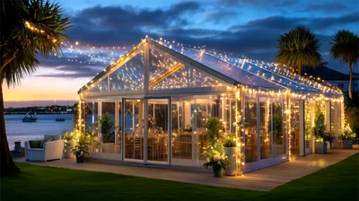 Illuminated Glass Marquee Tent At Waterfront Wedding Venue