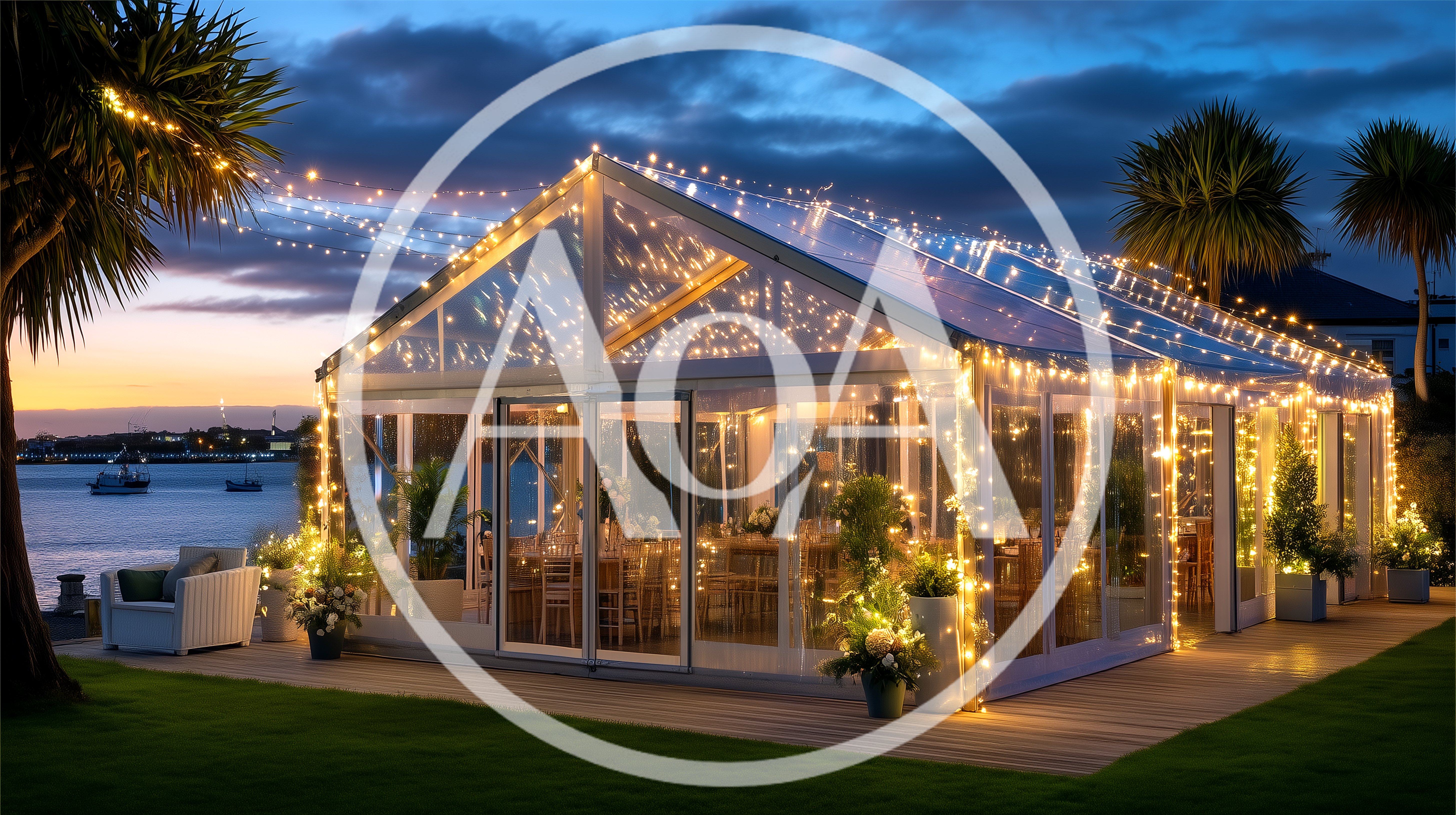 Illuminated Glass Marquee Tent At Waterfront Wedding Venue