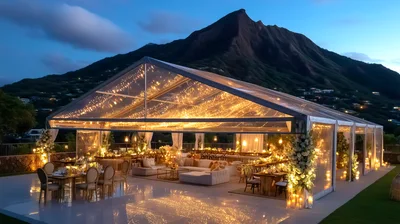 Luxury Outdoor Wedding Reception Tent At Sunset