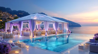 Luxury Wedding Reception Setup At Sunset Infinity Pool