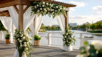 Outdoor Wedding Ceremony Archway On A Wooden Pier